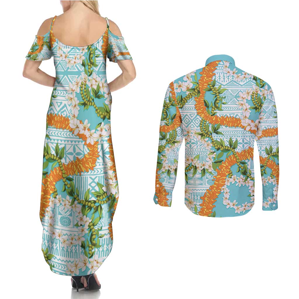 Aloha Festive Hawaii Couples Matching Summer Maxi Dress and Long Sleeve Button Shirt Mokihana - Maile and Ilima on Turquoise LT7 - Polynesian Pride