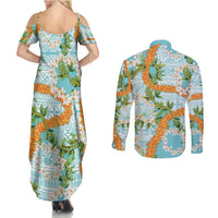 Aloha Festive Hawaii Couples Matching Summer Maxi Dress and Long Sleeve Button Shirt Mokihana - Maile and Ilima on Turquoise LT7 - Polynesian Pride