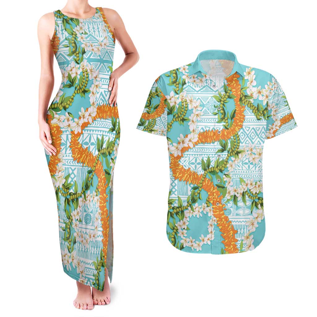 Aloha Festive Hawaii Couples Matching Tank Maxi Dress and Hawaiian Shirt Mokihana - Maile and Ilima on Turquoise LT7 Turquoise - Polynesian Pride