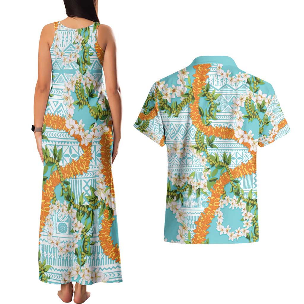 Aloha Festive Hawaii Couples Matching Tank Maxi Dress and Hawaiian Shirt Mokihana - Maile and Ilima on Turquoise LT7 - Polynesian Pride