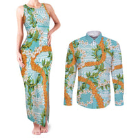 Aloha Festive Hawaii Couples Matching Tank Maxi Dress and Long Sleeve Button Shirt Mokihana - Maile and Ilima on Turquoise LT7 Turquoise - Polynesian Pride