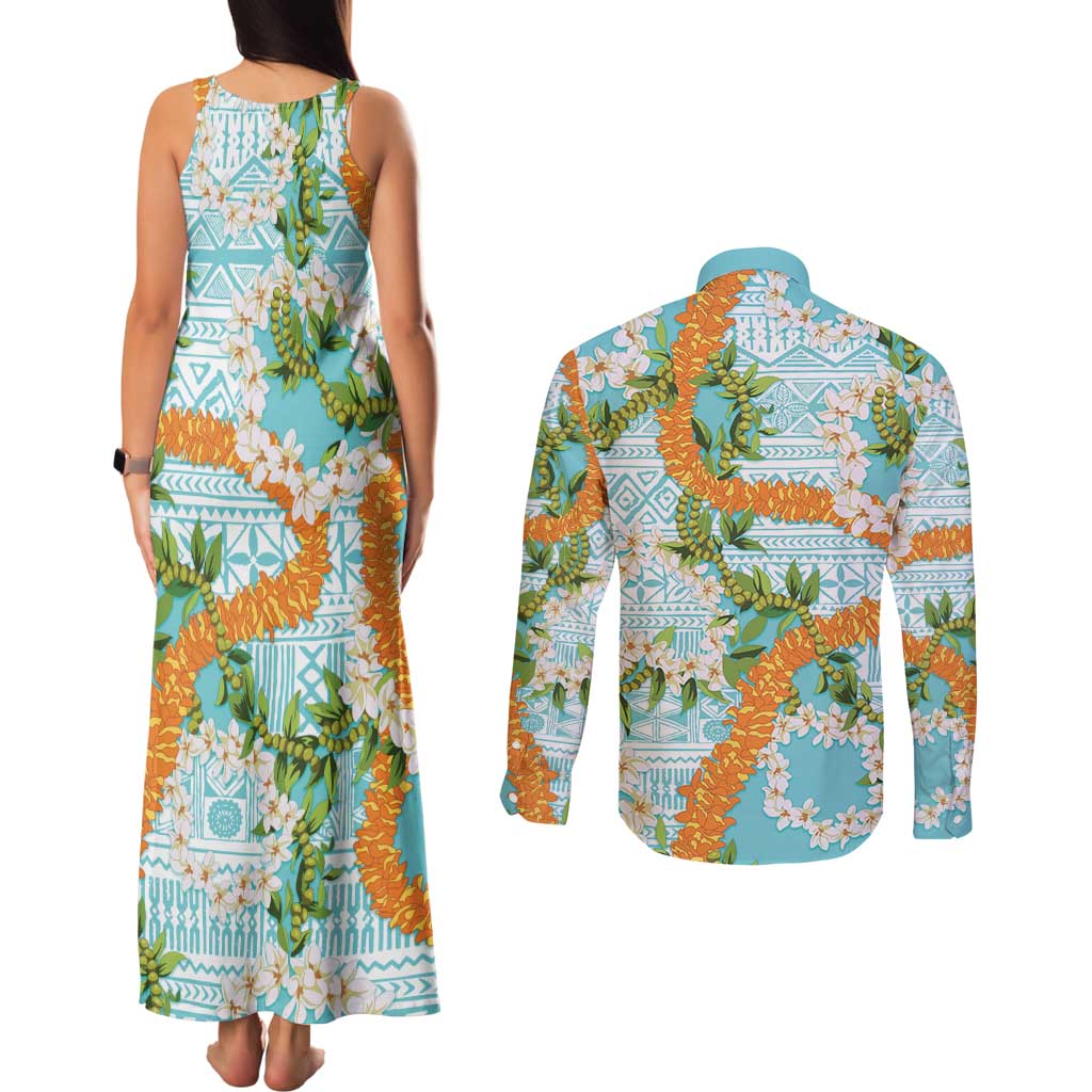 Aloha Festive Hawaii Couples Matching Tank Maxi Dress and Long Sleeve Button Shirt Mokihana - Maile and Ilima on Turquoise LT7 - Polynesian Pride