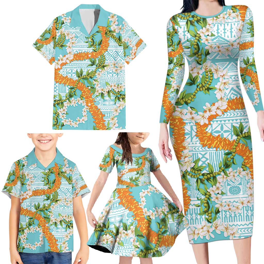 Aloha Festive Hawaii Family Matching Long Sleeve Bodycon Dress and Hawaiian Shirt Mokihana - Maile and Ilima on Turquoise LT7 - Polynesian Pride