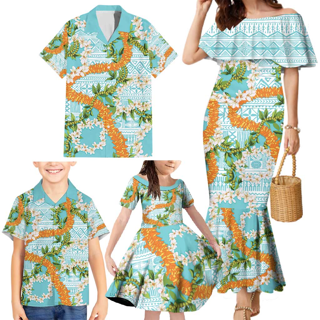 Aloha Festive Hawaii Family Matching Mermaid Dress and Hawaiian Shirt Mokihana - Maile and Ilima on Turquoise LT7 - Polynesian Pride