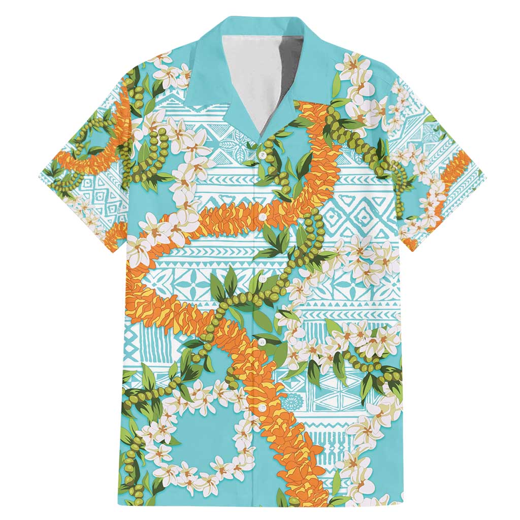 Aloha Festive Hawaii Family Matching Mermaid Dress and Hawaiian Shirt Mokihana - Maile and Ilima on Turquoise LT7 Dad's Shirt - Short Sleeve Turquoise - Polynesian Pride