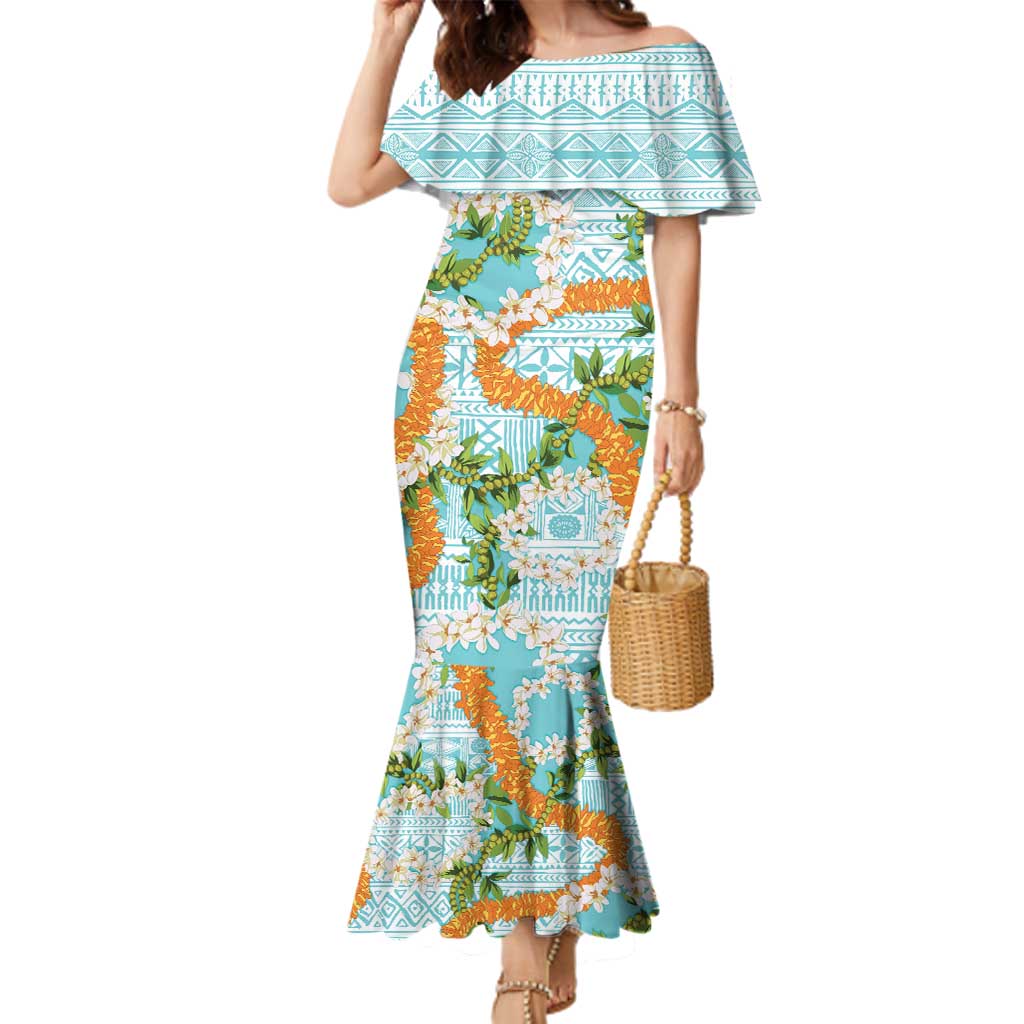 Aloha Festive Hawaii Family Matching Mermaid Dress and Hawaiian Shirt Mokihana - Maile and Ilima on Turquoise LT7 Mom's Dress Turquoise - Polynesian Pride