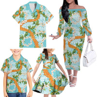 Aloha Festive Hawaii Family Matching Off The Shoulder Long Sleeve Dress and Hawaiian Shirt Mokihana - Maile and Ilima on Turquoise LT7 - Polynesian Pride