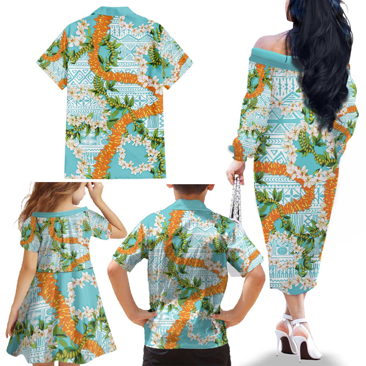 Aloha Festive Hawaii Family Matching Off The Shoulder Long Sleeve Dress and Hawaiian Shirt Mokihana - Maile and Ilima on Turquoise LT7 - Polynesian Pride