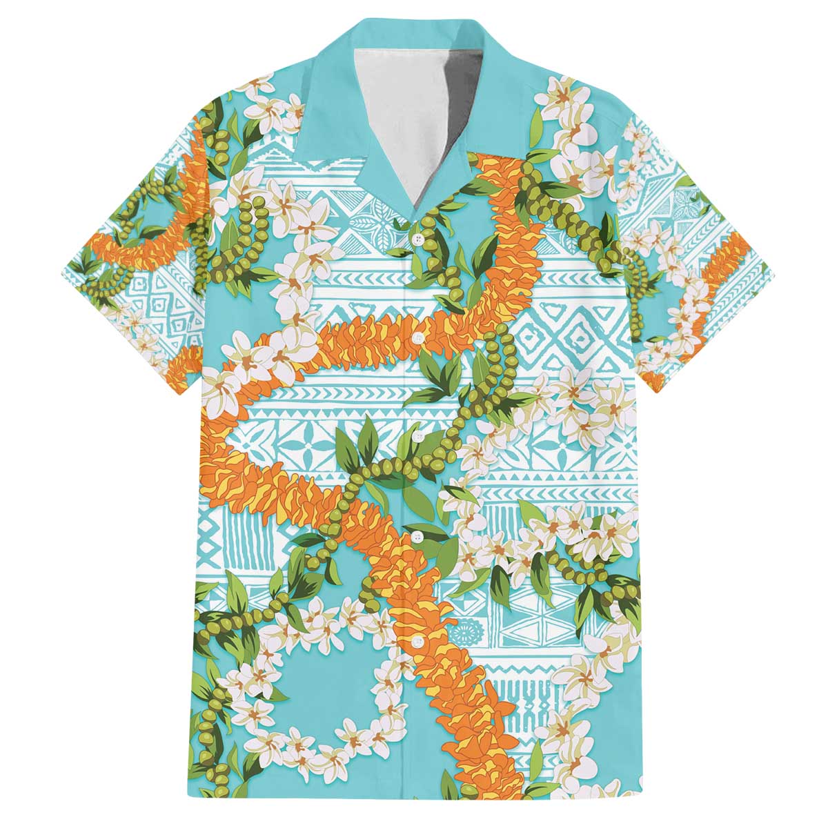 Aloha Festive Hawaii Family Matching Off The Shoulder Long Sleeve Dress and Hawaiian Shirt Mokihana - Maile and Ilima on Turquoise LT7 Dad's Shirt - Short Sleeve Turquoise - Polynesian Pride