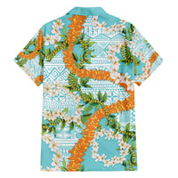 Aloha Festive Hawaii Family Matching Off The Shoulder Long Sleeve Dress and Hawaiian Shirt Mokihana - Maile and Ilima on Turquoise LT7 - Polynesian Pride