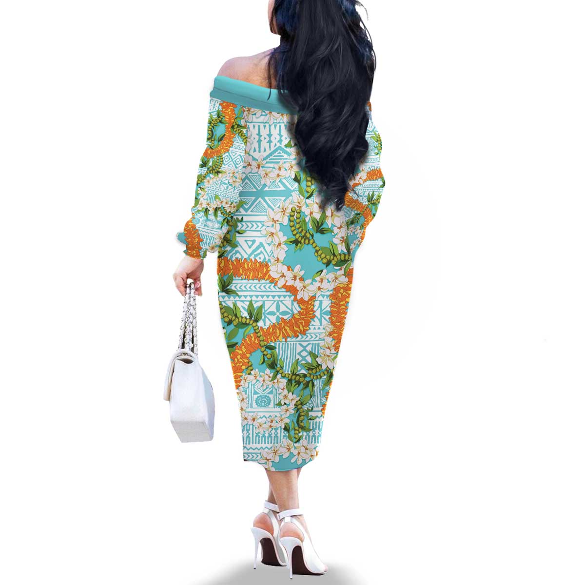 Aloha Festive Hawaii Family Matching Off The Shoulder Long Sleeve Dress and Hawaiian Shirt Mokihana - Maile and Ilima on Turquoise LT7 - Polynesian Pride