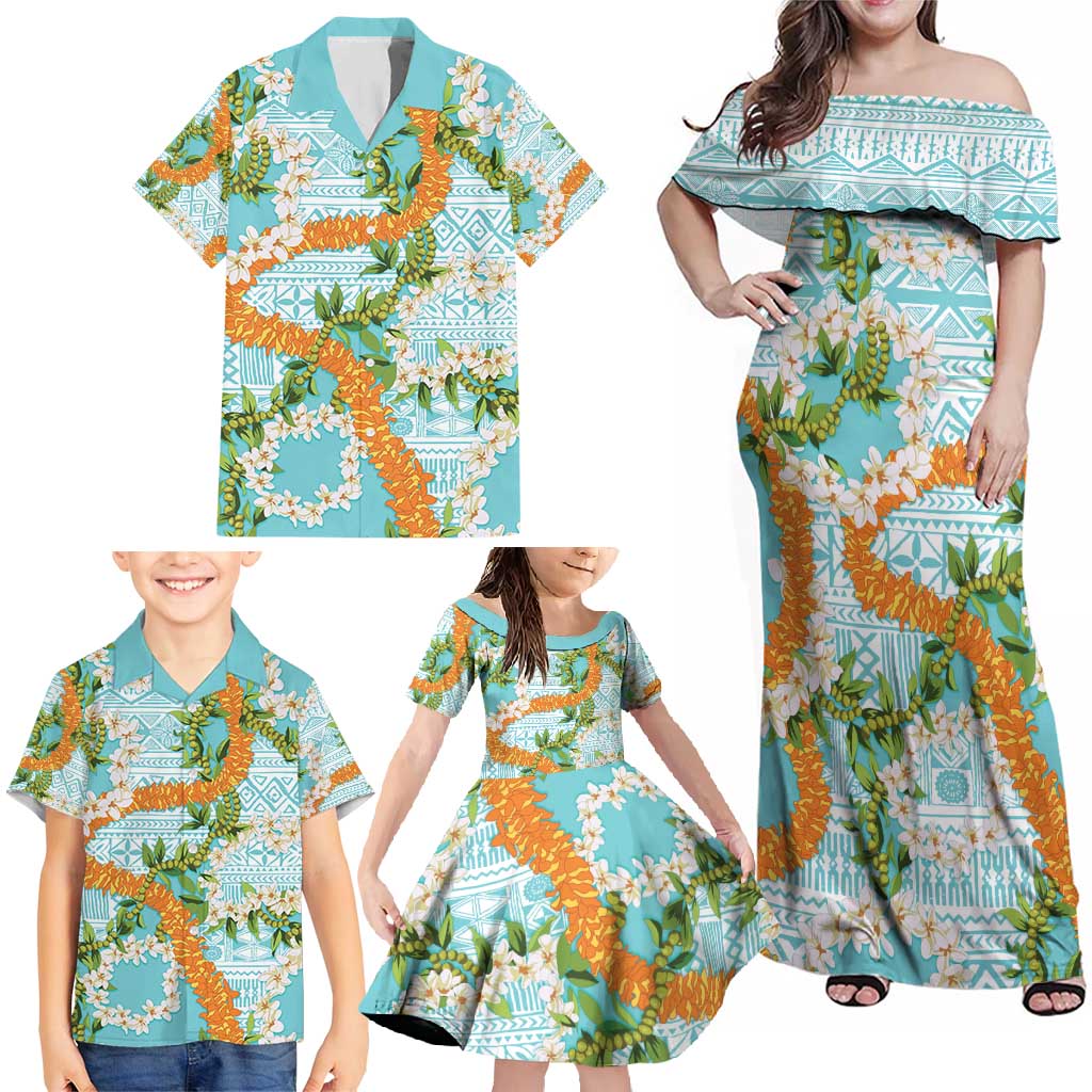 Aloha Festive Hawaii Family Matching Off Shoulder Maxi Dress and Hawaiian Shirt Mokihana - Maile and Ilima on Turquoise LT7 - Polynesian Pride