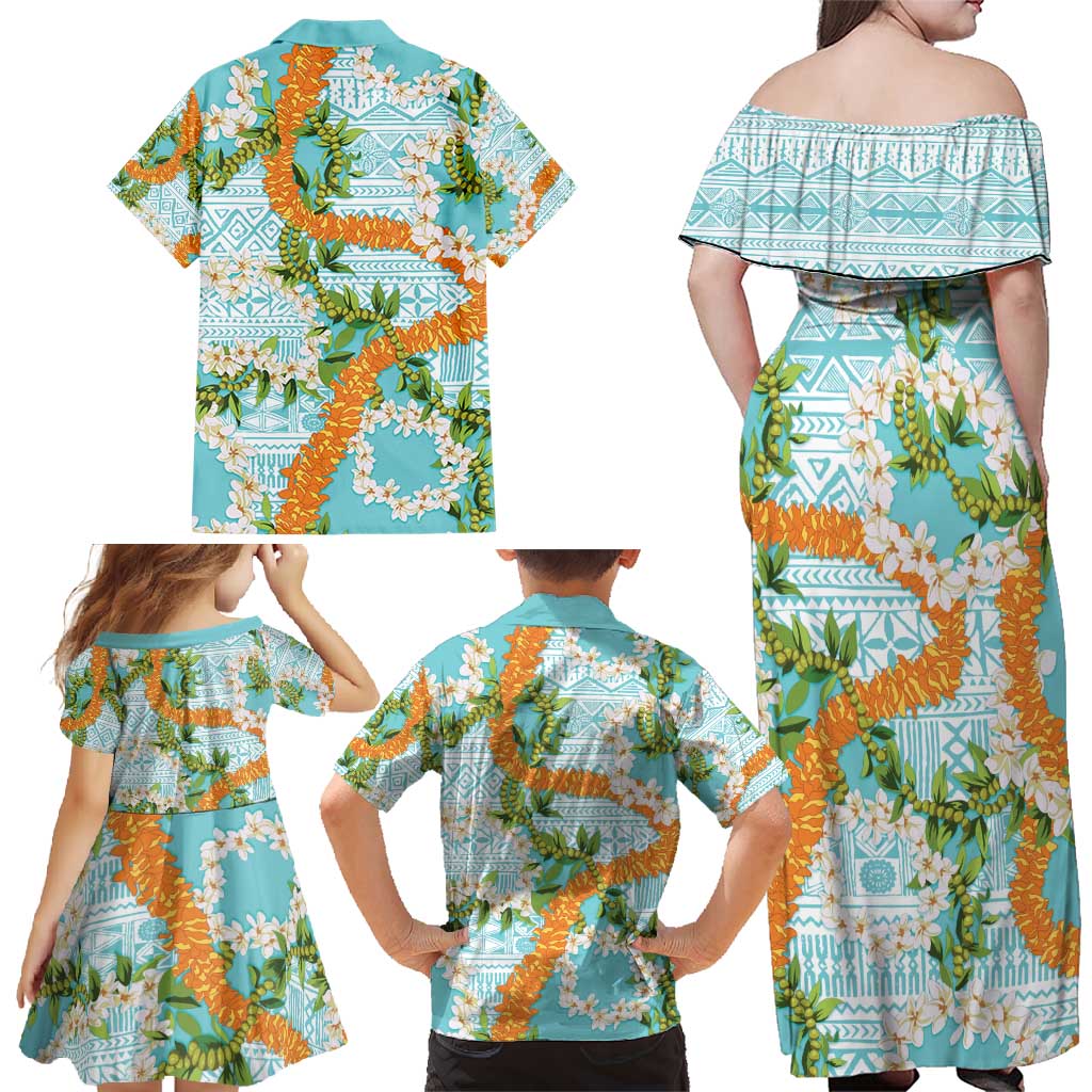 Aloha Festive Hawaii Family Matching Off Shoulder Maxi Dress and Hawaiian Shirt Mokihana - Maile and Ilima on Turquoise LT7 - Polynesian Pride