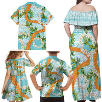 Aloha Festive Hawaii Family Matching Off Shoulder Maxi Dress and Hawaiian Shirt Mokihana - Maile and Ilima on Turquoise LT7 - Polynesian Pride