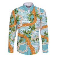 Aloha Festive Hawaii Family Matching Off Shoulder Maxi Dress and Hawaiian Shirt Mokihana - Maile and Ilima on Turquoise LT7 Dad's Shirt - Long Sleeve Turquoise - Polynesian Pride