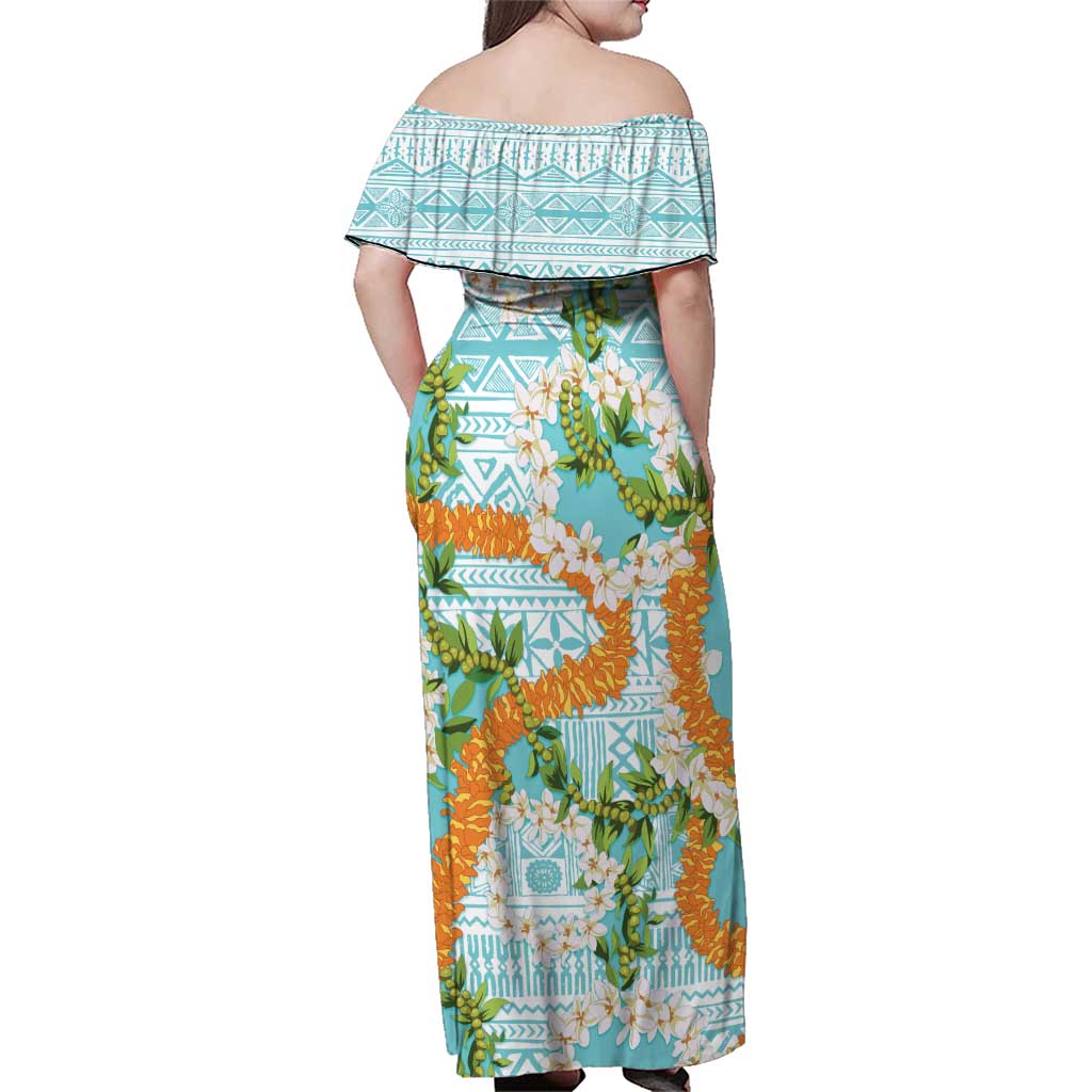 Aloha Festive Hawaii Family Matching Off Shoulder Maxi Dress and Hawaiian Shirt Mokihana - Maile and Ilima on Turquoise LT7 - Polynesian Pride