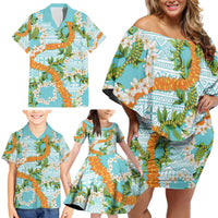 Aloha Festive Hawaii Family Matching Off Shoulder Short Dress and Hawaiian Shirt Mokihana - Maile and Ilima on Turquoise LT7 - Polynesian Pride