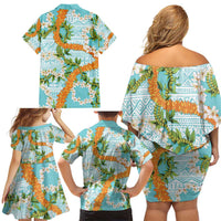Aloha Festive Hawaii Family Matching Off Shoulder Short Dress and Hawaiian Shirt Mokihana - Maile and Ilima on Turquoise LT7 - Polynesian Pride
