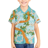 Aloha Festive Hawaii Family Matching Off Shoulder Short Dress and Hawaiian Shirt Mokihana - Maile and Ilima on Turquoise LT7 Son's Shirt Turquoise - Polynesian Pride