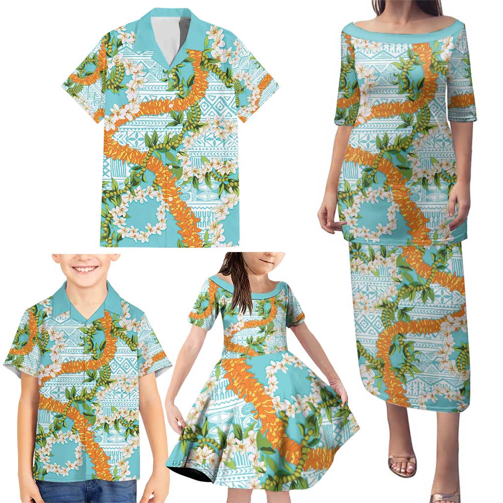Aloha Festive Hawaii Family Matching Puletasi and Hawaiian Shirt Mokihana - Maile and Ilima on Turquoise LT7 - Polynesian Pride