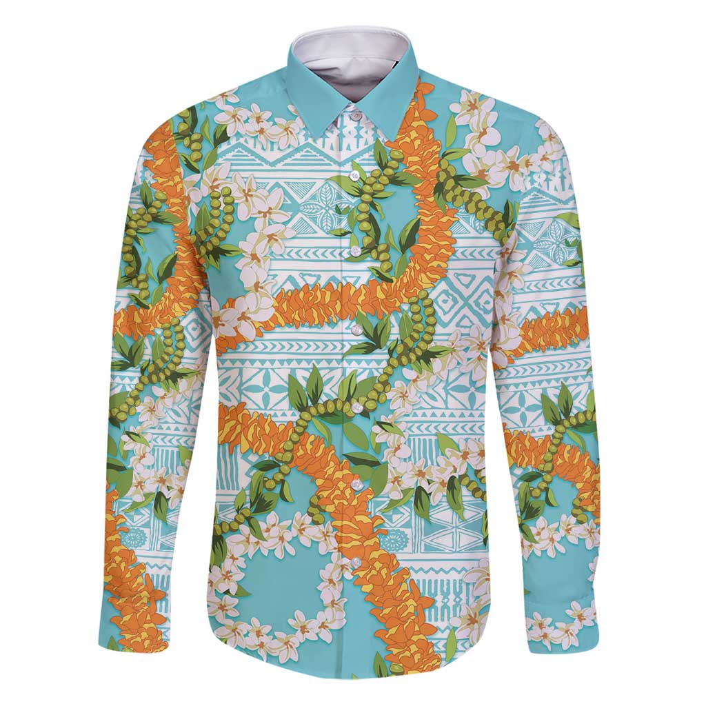 Aloha Festive Hawaii Family Matching Puletasi and Hawaiian Shirt Mokihana - Maile and Ilima on Turquoise LT7 Dad's Shirt - Long Sleeve Turquoise - Polynesian Pride