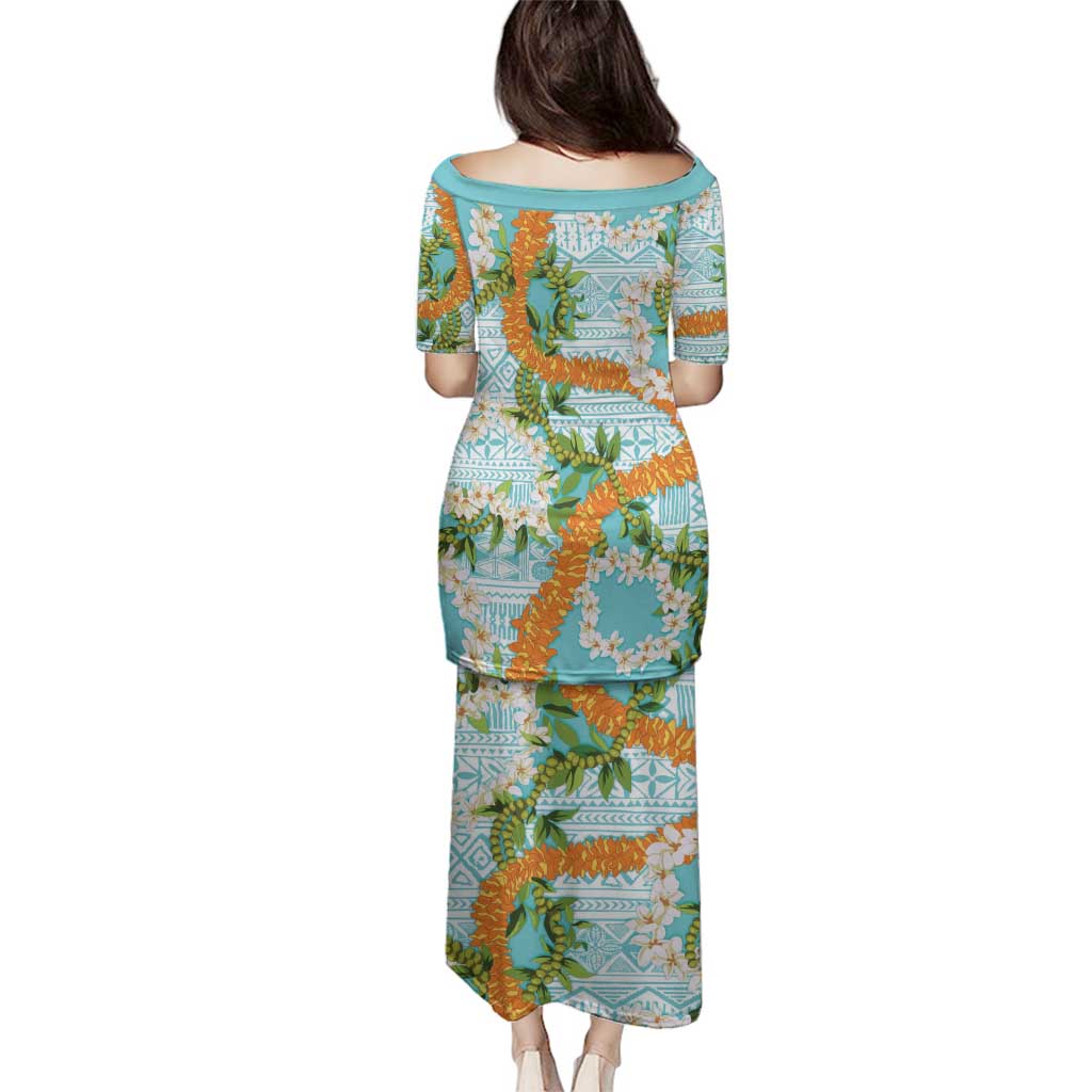 Aloha Festive Hawaii Family Matching Puletasi and Hawaiian Shirt Mokihana - Maile and Ilima on Turquoise LT7 - Polynesian Pride
