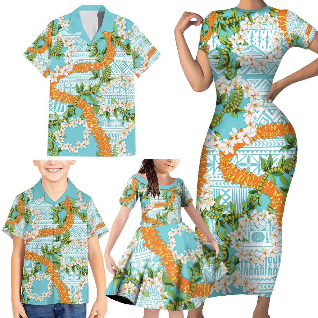 Aloha Festive Hawaii Family Matching Short Sleeve Bodycon Dress and Hawaiian Shirt Mokihana - Maile and Ilima on Turquoise LT7 - Polynesian Pride