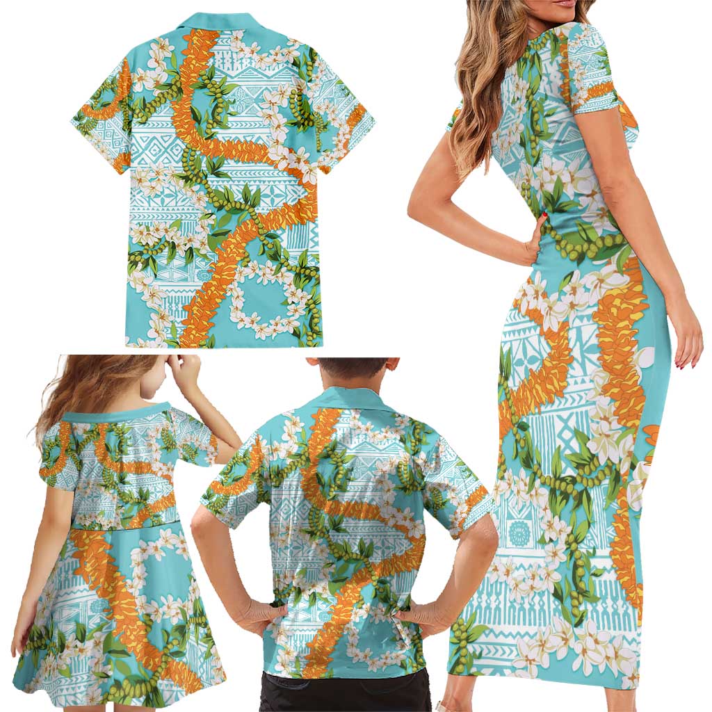 Aloha Festive Hawaii Family Matching Short Sleeve Bodycon Dress and Hawaiian Shirt Mokihana - Maile and Ilima on Turquoise LT7 - Polynesian Pride