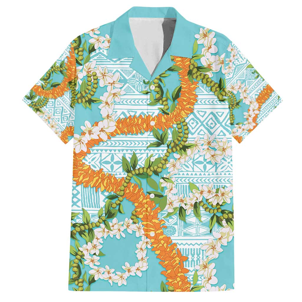 Aloha Festive Hawaii Family Matching Summer Maxi Dress and Hawaiian Shirt Mokihana - Maile and Ilima on Turquoise LT7 Dad's Shirt - Short Sleeve Turquoise - Polynesian Pride