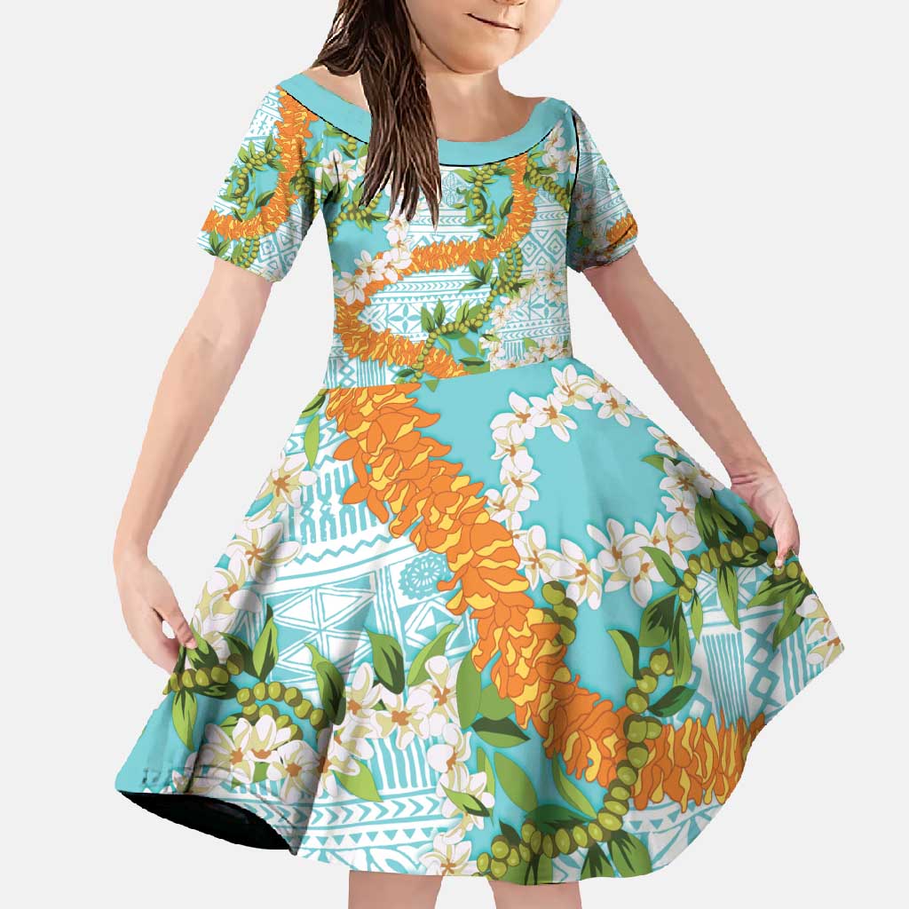 Aloha Festive Hawaii Family Matching Tank Maxi Dress and Hawaiian Shirt Mokihana - Maile and Ilima on Turquoise LT7 Daughter's Dress Turquoise - Polynesian Pride