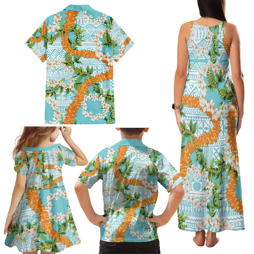 Aloha Festive Hawaii Family Matching Tank Maxi Dress and Hawaiian Shirt Mokihana - Maile and Ilima on Turquoise LT7 - Polynesian Pride