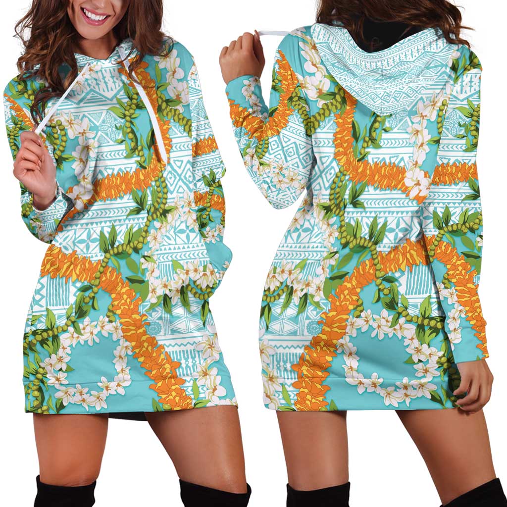 Aloha Festive Hawaii Hoodie Dress Mokihana - Maile and Ilima on Turquoise LT7 - Polynesian Pride