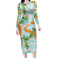 Aloha Festive Hawaii Long Sleeve Bodycon Dress Mokihana - Maile and Ilima on Turquoise LT7 Long Dress Turquoise - Polynesian Pride