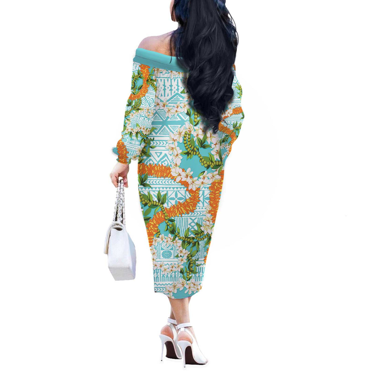 Aloha Festive Hawaii Off The Shoulder Long Sleeve Dress Mokihana - Maile and Ilima on Turquoise LT7 - Polynesian Pride