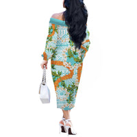 Aloha Festive Hawaii Off The Shoulder Long Sleeve Dress Mokihana - Maile and Ilima on Turquoise LT7 - Polynesian Pride