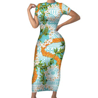 Aloha Festive Hawaii Short Sleeve Bodycon Dress Mokihana - Maile and Ilima on Turquoise LT7 Long Dress Turquoise - Polynesian Pride