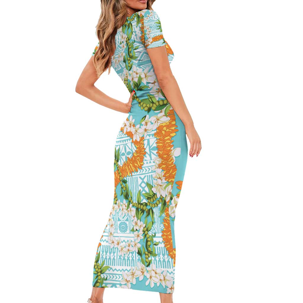 Aloha Festive Hawaii Short Sleeve Bodycon Dress Mokihana - Maile and Ilima on Turquoise LT7 - Polynesian Pride