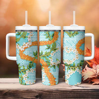 Aloha Festive Hawaii Tumbler With Handle Mokihana - Maile and Ilima on Turquoise - Polynesian Pride