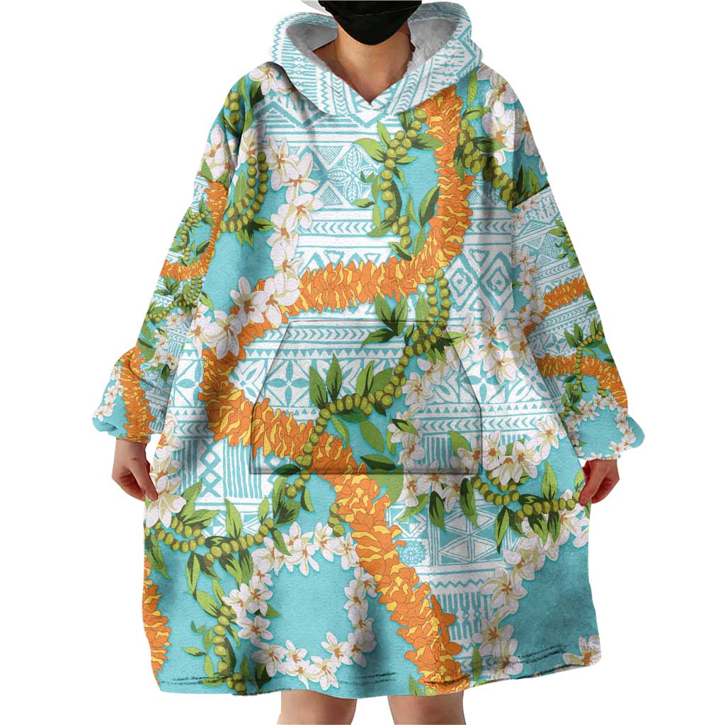 Aloha Festive Hawaii Wearable Blanket Hoodie Mokihana - Maile and Ilima on Turquoise LT7 - Polynesian Pride