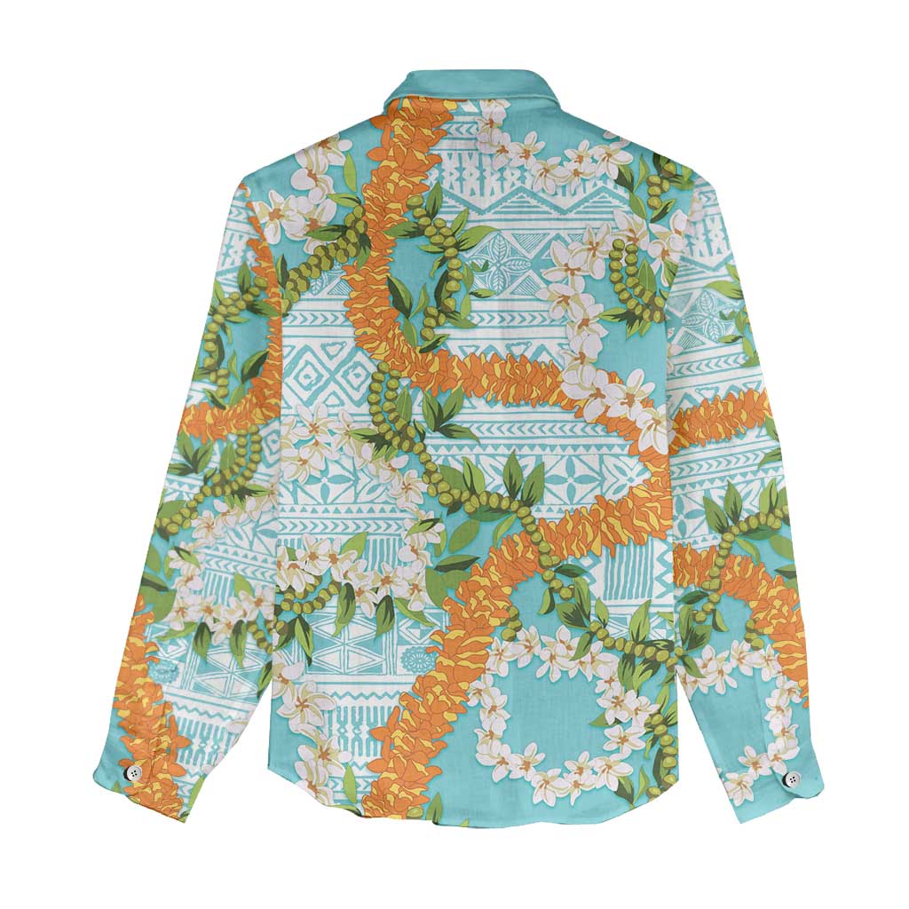 Aloha Festive Hawaii Women Casual Shirt Mokihana - Maile and Ilima on Turquoise - Polynesian Pride