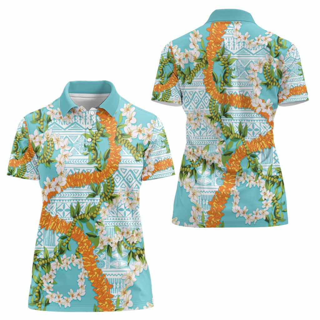 Aloha Festive Hawaii Women Polo Shirt Mokihana - Maile and Ilima on Turquoise - Polynesian Pride