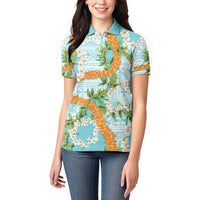 Aloha Festive Hawaii Women Polo Shirt Mokihana - Maile and Ilima on Turquoise - Polynesian Pride