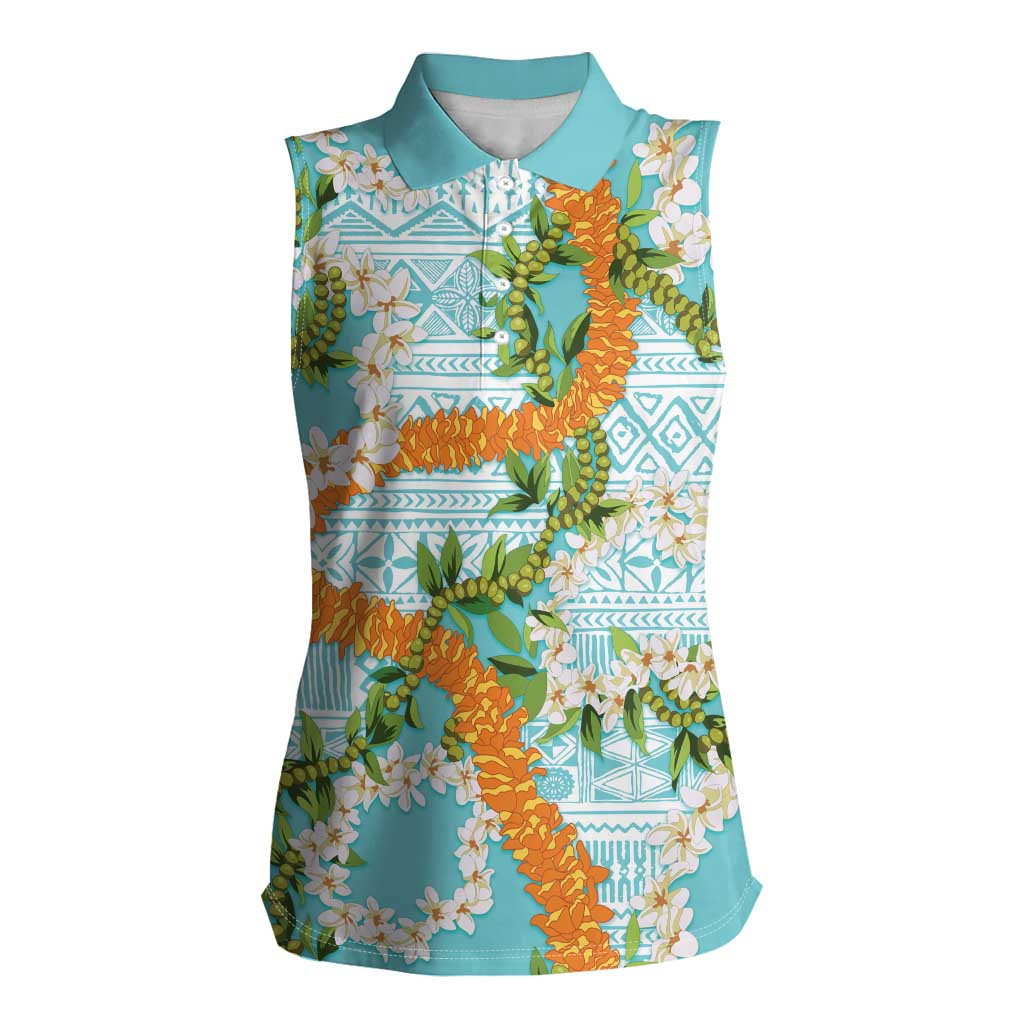 Aloha Festive Hawaii Women Sleeveless Polo Shirt Mokihana - Maile and Ilima on Turquoise LT7 Female Turquoise - Polynesian Pride