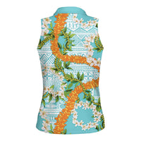 Aloha Festive Hawaii Women Sleeveless Polo Shirt Mokihana - Maile and Ilima on Turquoise LT7 - Polynesian Pride