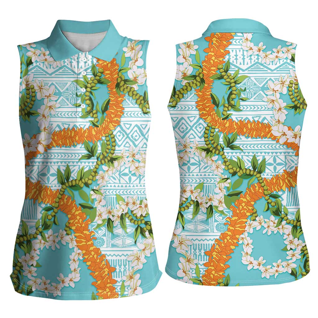 Aloha Festive Hawaii Women Sleeveless Polo Shirt Mokihana - Maile and Ilima on Turquoise LT7 - Polynesian Pride
