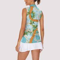 Aloha Festive Hawaii Women Sleeveless Polo Shirt Mokihana - Maile and Ilima on Turquoise LT7 - Polynesian Pride