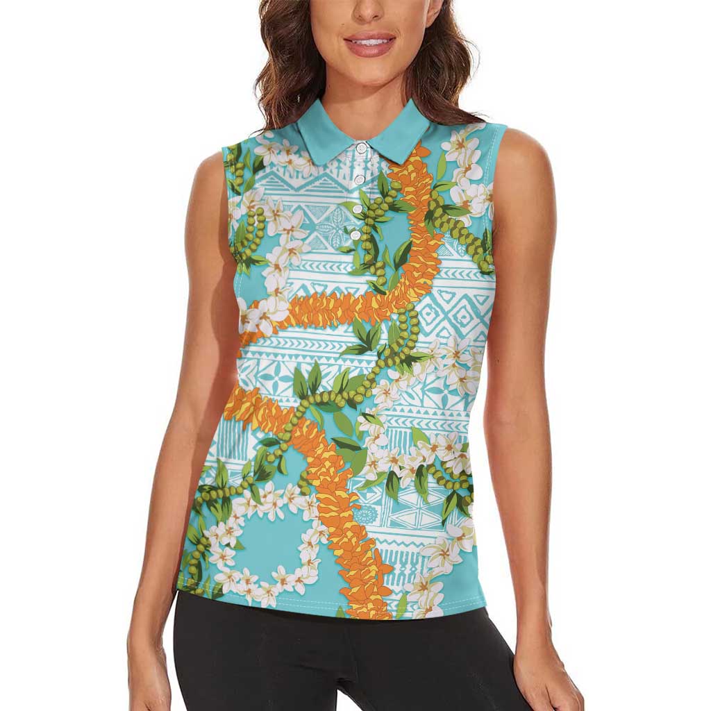 Aloha Festive Hawaii Women Sleeveless Polo Shirt Mokihana - Maile and Ilima on Turquoise LT7 - Polynesian Pride