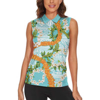 Aloha Festive Hawaii Women Sleeveless Polo Shirt Mokihana - Maile and Ilima on Turquoise LT7 - Polynesian Pride