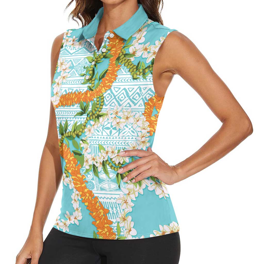Aloha Festive Hawaii Women Sleeveless Polo Shirt Mokihana - Maile and Ilima on Turquoise LT7 - Polynesian Pride