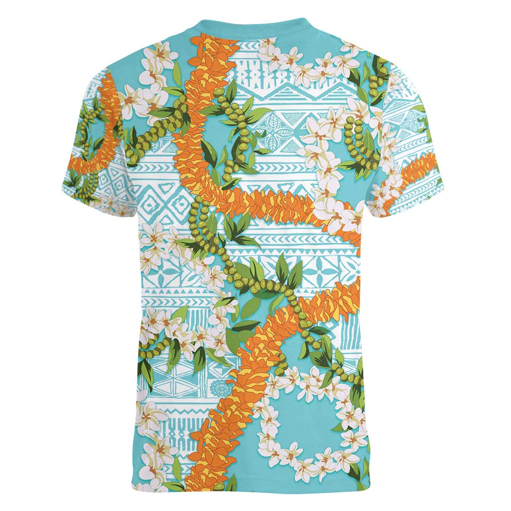 Aloha Festive Hawaii Women V-Neck T-Shirt Mokihana - Maile and Ilima on Turquoise LT7 - Polynesian Pride